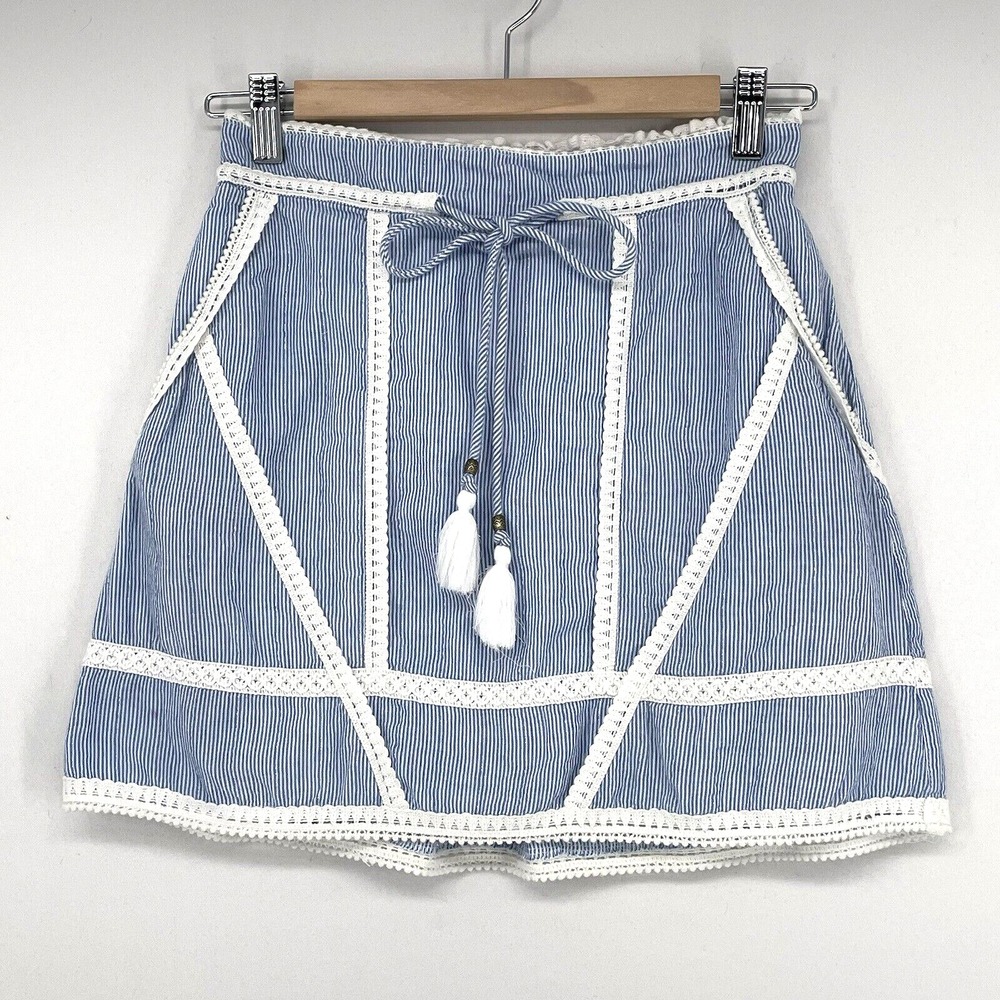 RIVER ISLAND White Blue Striped Mini Skirt Size 6 Trimmed Elastic Waist Pockets